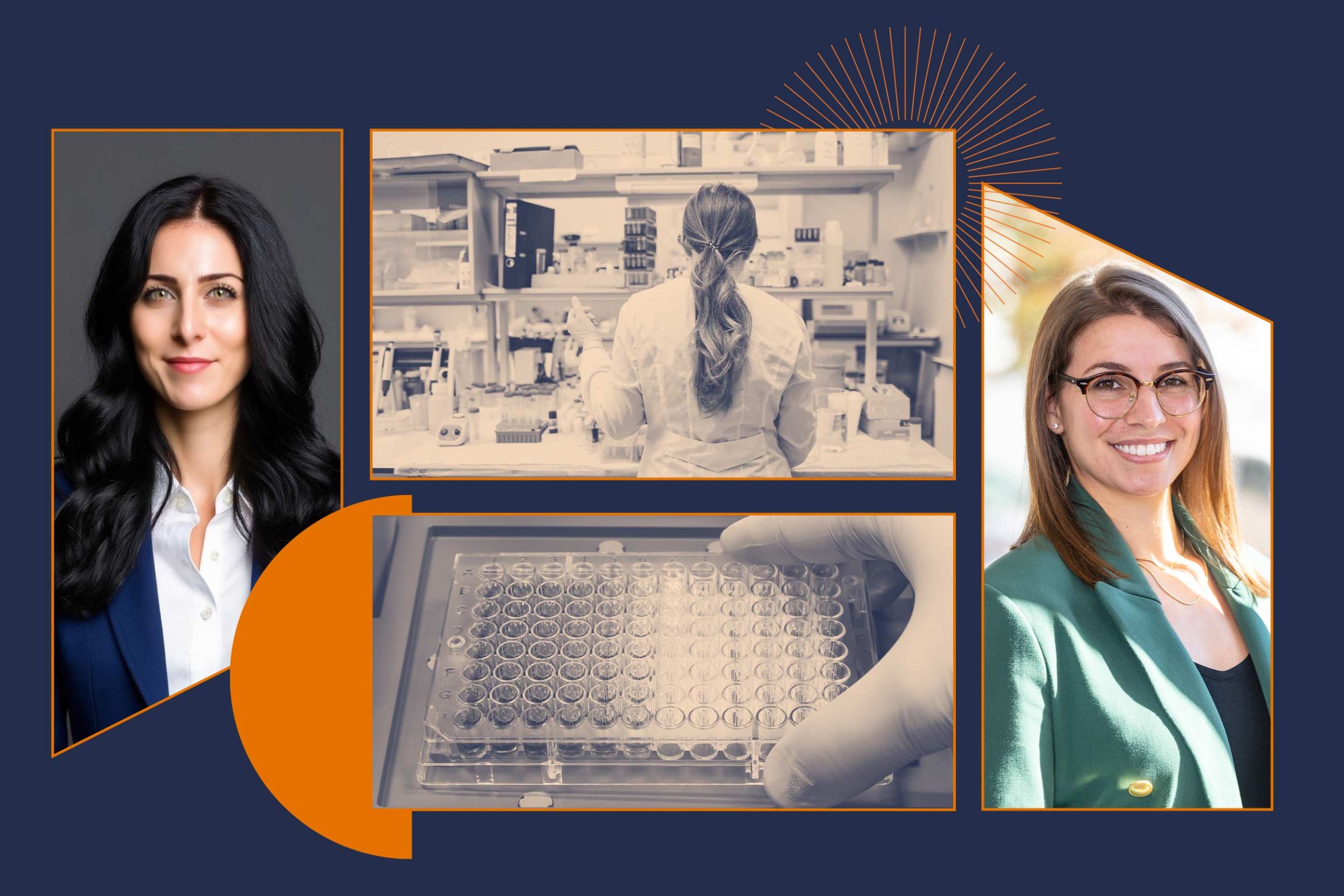 Rachelle Turiello, left, and Renna Nouwairi are the minds behind Avant Genomics and have received help from the UVA Licensing & Ventures Group to market their innovative product to process liquid biopsy samples used to help detect cancers. (Contributed photos. Illustration by John DiJulio, University Communications)