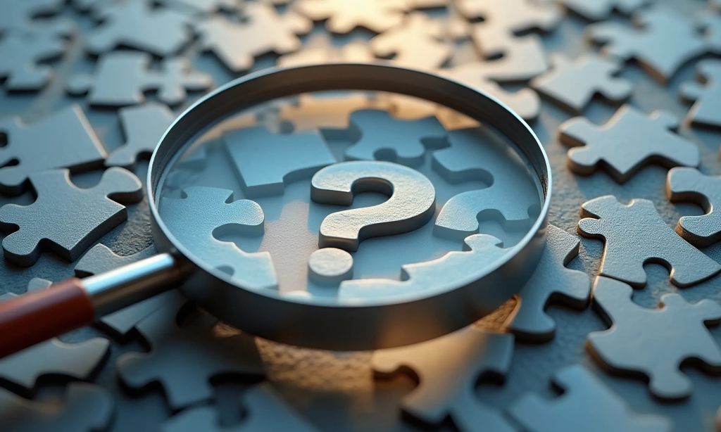 Close-up of a magnifying glass focusing on a question mark puzzle piece among scattered jigsaw puzzle pieces, symbolizing problem-solving and finding answers.