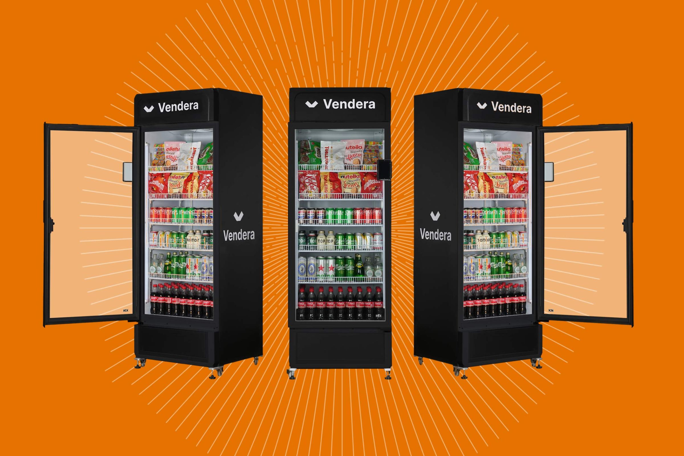 Vendera, a smart cooler, creates a seamless grab-and-go experience for vending machine customers. (Contributed photos; photo illustration by John DiJulio, University Communications)